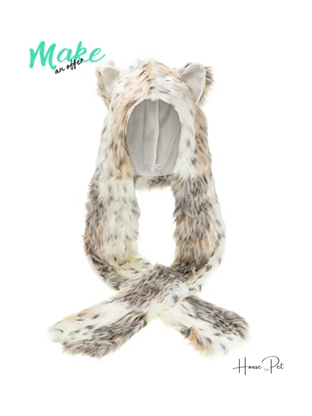Faux Fur Animal Hooded Scarf with Paw Mittens Winter Warm Plush Beanie